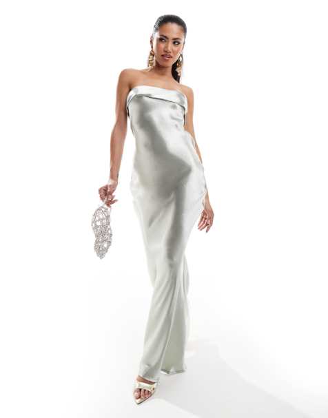 In The Style - Exclusivité - Robe bustier longue en satin effet liquide avec découpe dans le dos - Gris - view 1