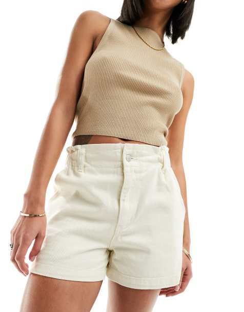 In The Style - Exclusivité - Short à taille haute froncée et élastique en jean - Écru - view 1