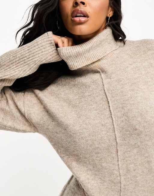 In The Style – Exklusives Midi-Strickkleid in Steinbeige mit Rollkragen und Bindegürtel, 3 von 4