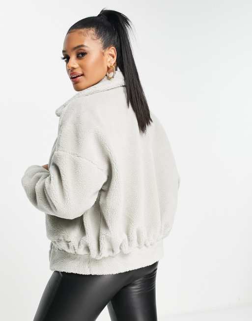 Grey fur bomber jacket best sale