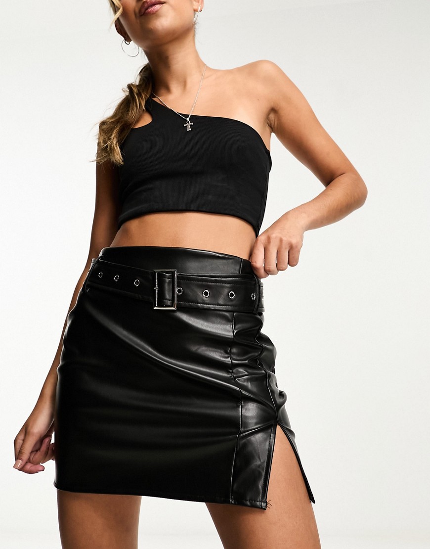In The Style faux leather belted mini skirt in black