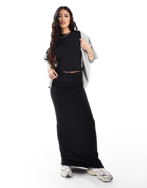In The Style - fITS - Gonna lunga sinuosa modellante mix and match nera con risvolto in vita in coordinato - view 1