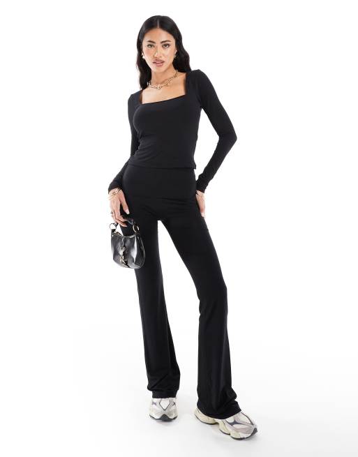 In The Style fITS mix and match slinky sculpt foldover waist flare trousers co-ord in black