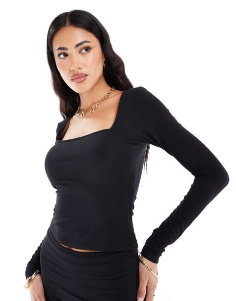 In The Style fITS mix and match slinky sculpt square neck long sleeve top co-ord in black