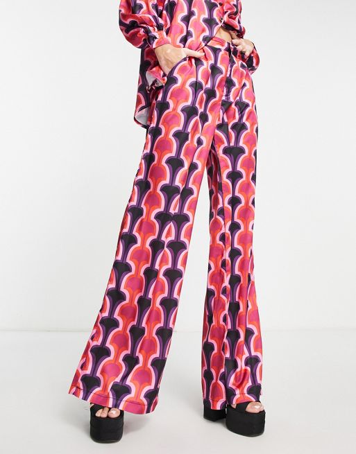 Zara Pajama Style Satin Co Ord Set Orange Geometric Print Size XL Top  Trouser