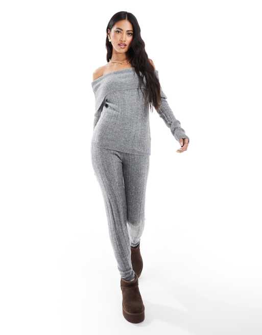 In The Style foldover bardot rib knitted jumper and leggings set in grey