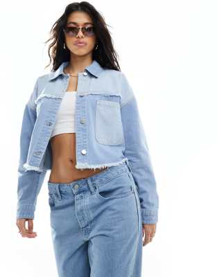 In The Style frayed seam pocket detail denim jacket in light blue ASOS