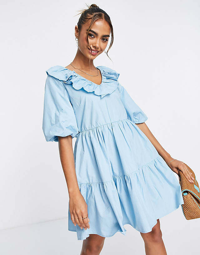 In The Style - frill neck detail mini smock dress in blue