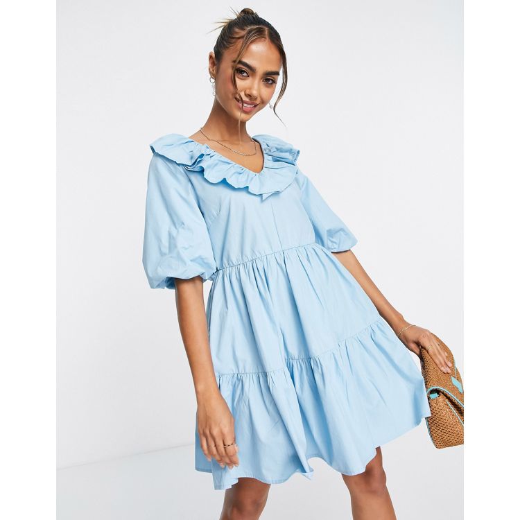 In The Style X Lorna Luxe Exaggerated Frill Detail Mini Tea Dress In Blue  Multi for Women