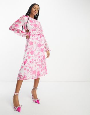 In The Style chiffon side cut out midi dress in white and pink floral
