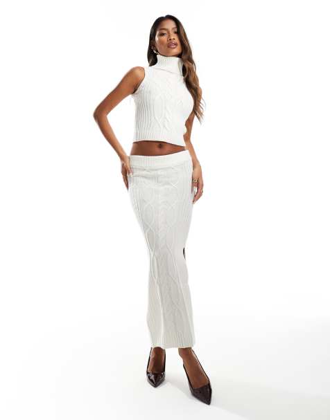 In The Style - Gebreide co-ord set met mouwloze coltrui met kabels en maxi rok in crème - view 1