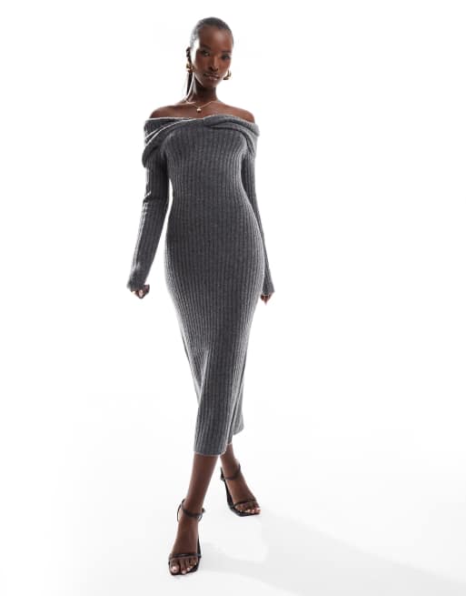 In The Style - Gebreide midi trui-jurk met gedraaide bardot-hals in antraciet