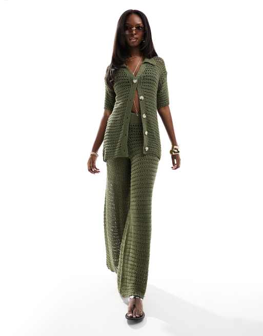 In The Style - Gehaakte broek met wijde pijpen in olijfgroen, deel van co-ord set