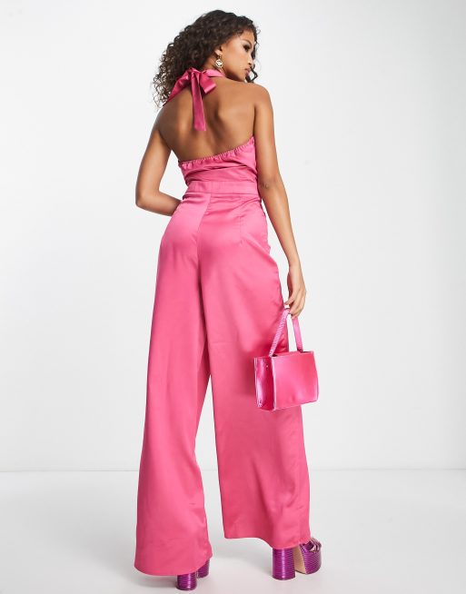 Vila halter neck jumpsuit with wide leg in pink - ShopStyle