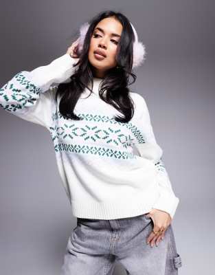 In The Style In The Style high neck jumper in cream fairisle print-White