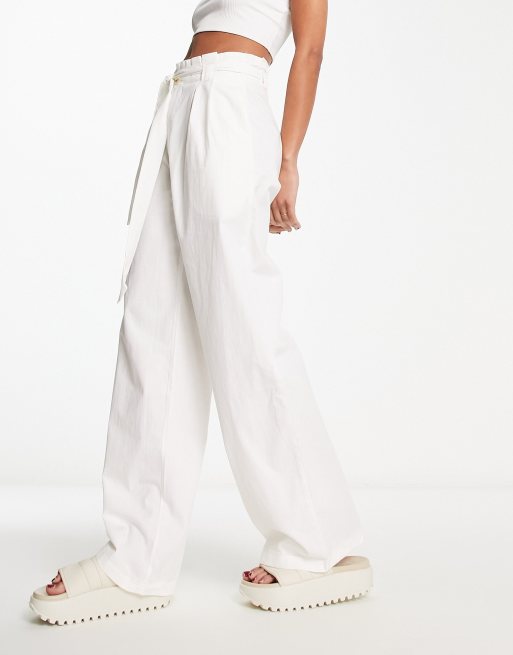 White Linen Look High Waisted Tailored Trousers