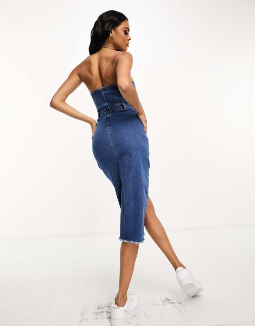 In The Style - Indigoblå bandeau-midikjole i denim med frontslids, 4 af 4