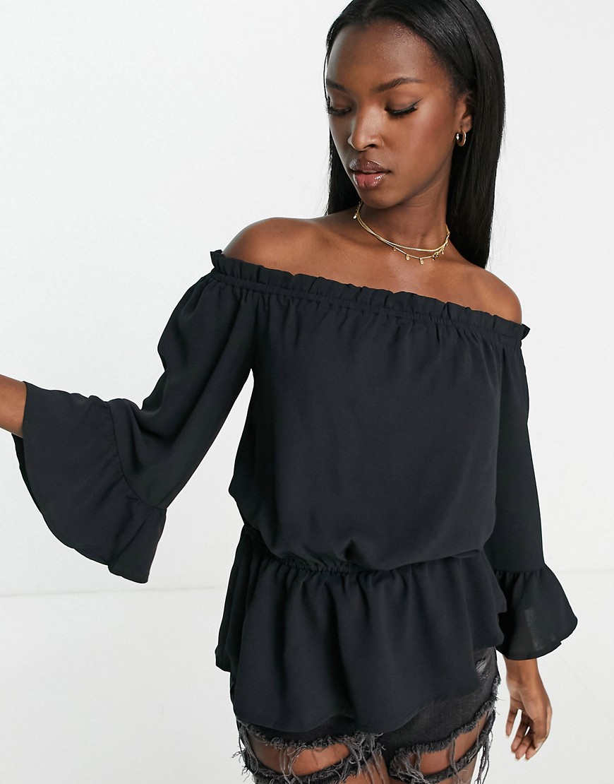In The Style Jac Jossa bardot top with frill sleeve in black