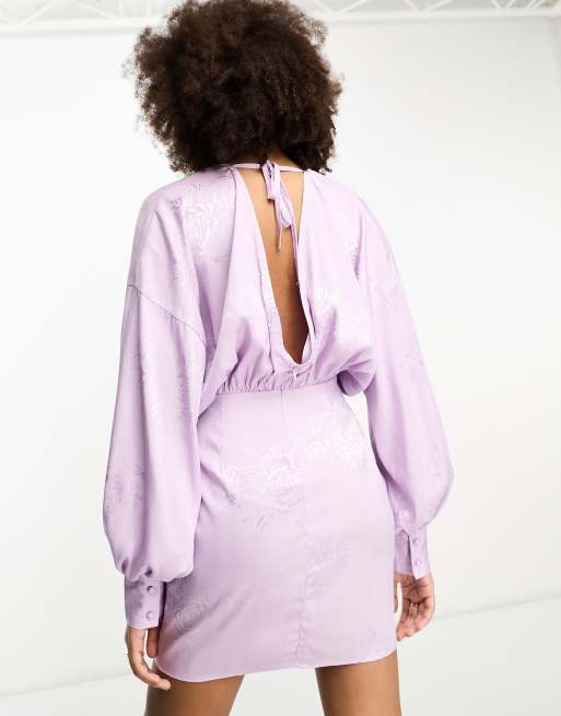 In The Style jacquard batwing mini dress with open back detail in lilac