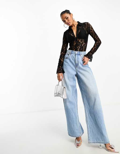In The Style - Kanten body met overhemdmodel in zwart, 2 van 4