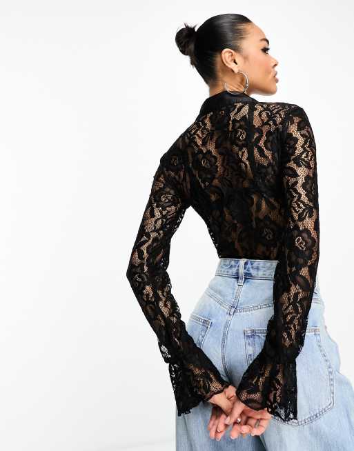 In The Style - Kanten body met overhemdmodel in zwart, 4 van 4