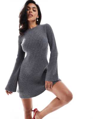 knit bell sleeve flippy mini dress with contrast bow back in charcoal-Gray