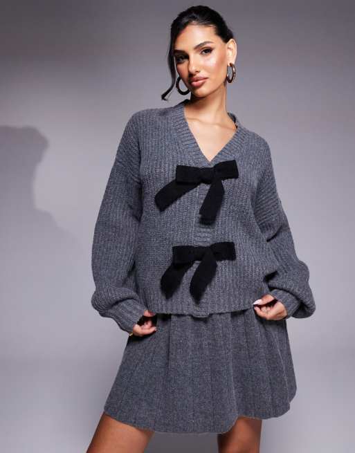 In The Style knitted balloon sleeve cardigan with contrast bow ties and mini skirt set in charcoal