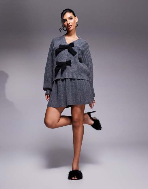 In The Style knitted balloon sleeve cardigan with contrast bow ties in charcoal (part of a set) 