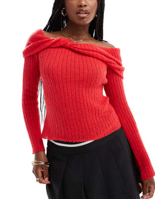 In The Style knitted bardot twist jumper red