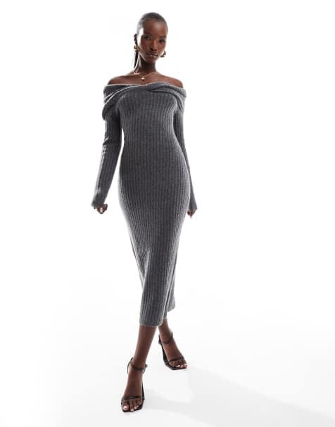 In The Style knitted bardot twist midi jumper dress in charcoal - view 1