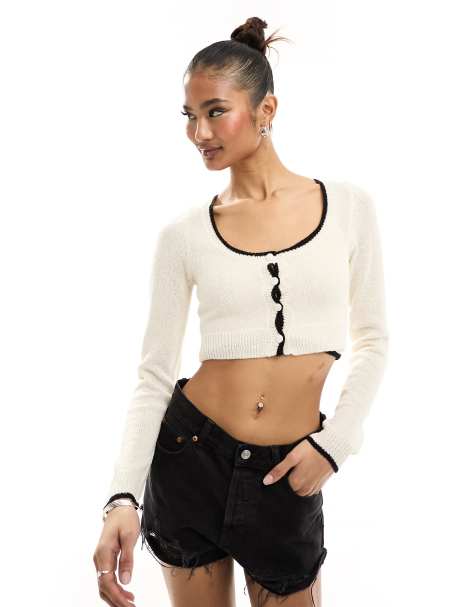 In The Style knitted cropped cardigan co-ord with contrast trim in cream - view 1