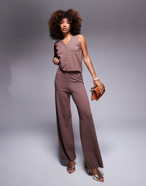 In The Style knitted wide leg trousers co-ord in chocolate - view 1