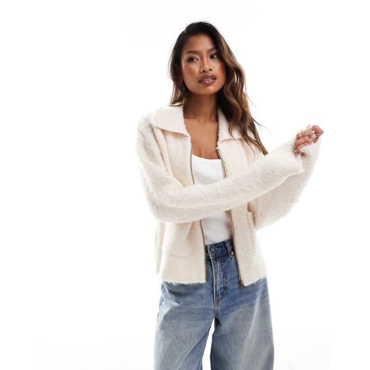 In The Style knitted zip through pocket detail cardigan in cream ASOS