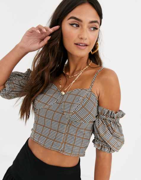 In The Style – Kurzes, schulterfreies Korsett-Opterteil in bunt kariert
