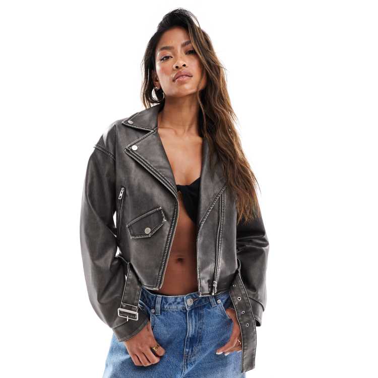 In The Style leather look cropped biker jacket in washed black ASOS