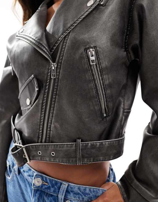 Asos cropped leather look 80's biker jacket hotsell