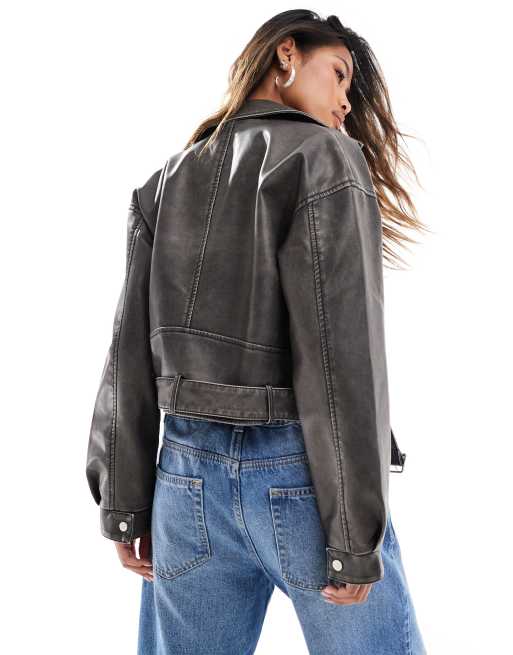 In The Style leather look cropped biker jacket in washed black