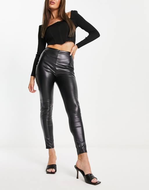 Miss Selfridge leather look high waisted leggings in black