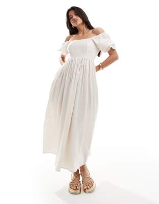 In The Style In The Style linen look bardot puff sleeve maxi dress in beige-Neutral