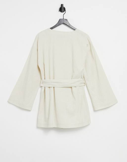In The Style linen look belted kimono wrap dress in off white, 2 of 4