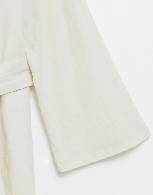 In The Style linen look belted kimono wrap dress in off white, 3 of 4