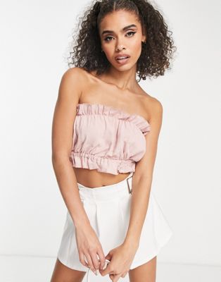 In The Style Linen look ruffle crop top in pink