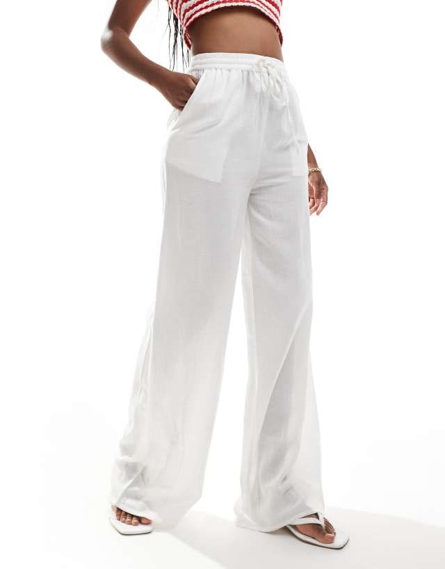 In The Style - linen mix wide leg drawstring trousers in white