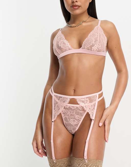 In The Style - Lingerieset met bh, string en jarretels van kant in roze