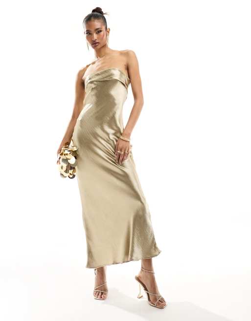 In The Style liquid satin bandeau cut out back maxi dress in gold ASOS