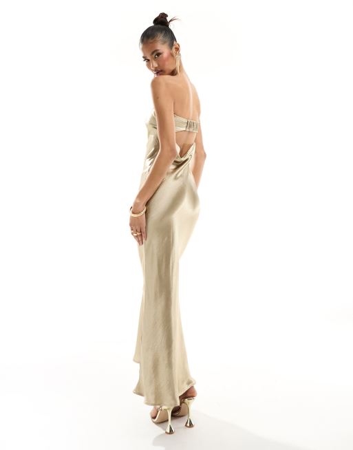 In The Style liquid satin bandeau cut out back maxi dress in gold | ASOS