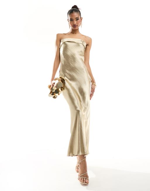 In The Style liquid satin bandeau cut out back maxi dress in gold, 3 of 4