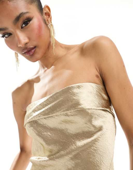In The Style liquid satin bandeau cut out back maxi dress in gold, 4 of 4