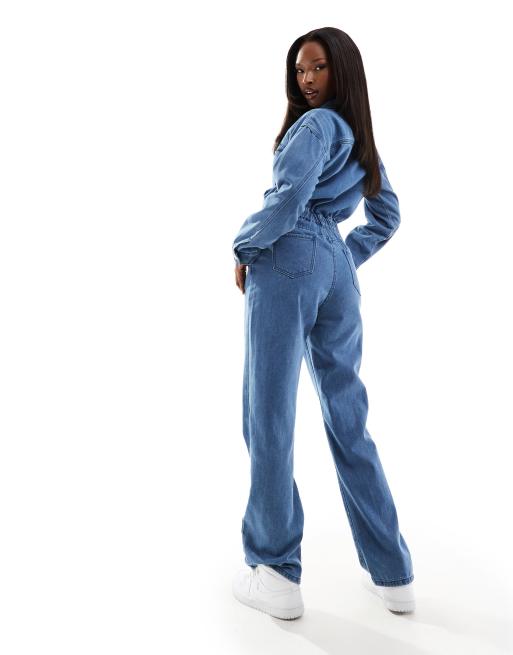 Long sleeve blue jean hot sale jumpsuit