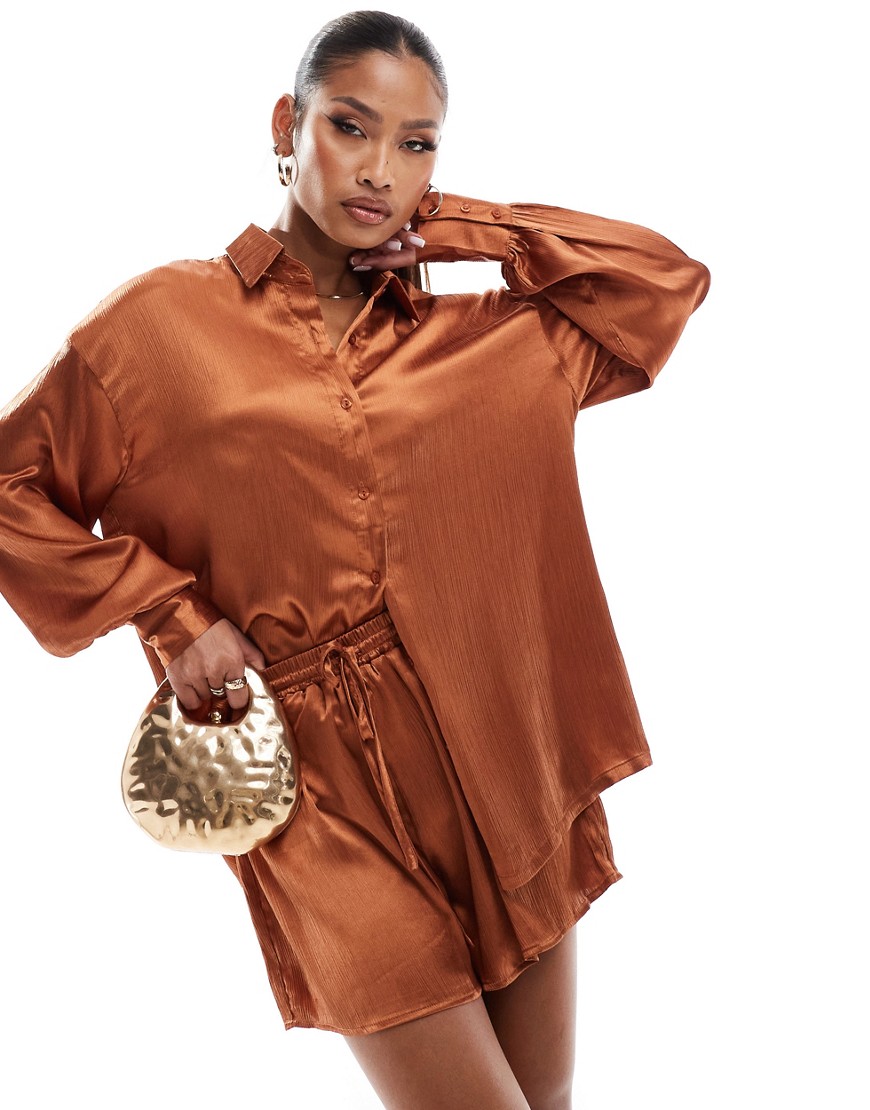 In The Style long sleeve satin shirt co-ord in rust-Orange